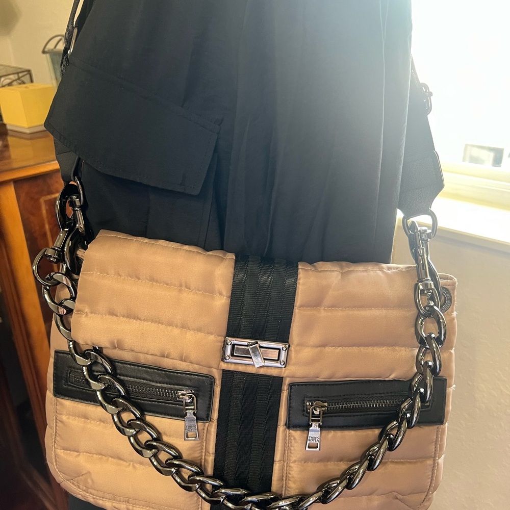 THINK ROYLN Tan and Black Crossbody Bag Fashionable and Functional